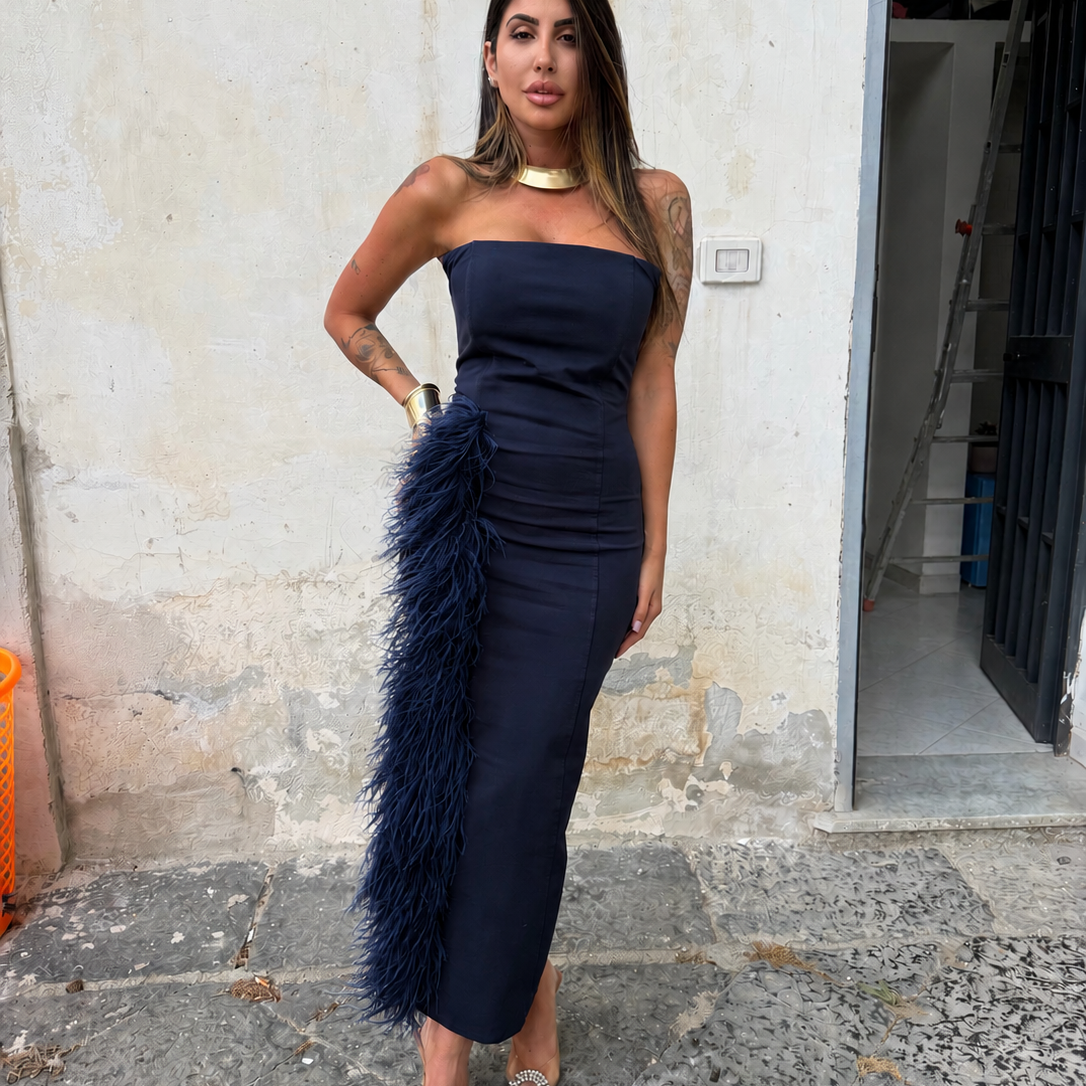 ABITO LUDOVICA BLU CON PIUME BLU